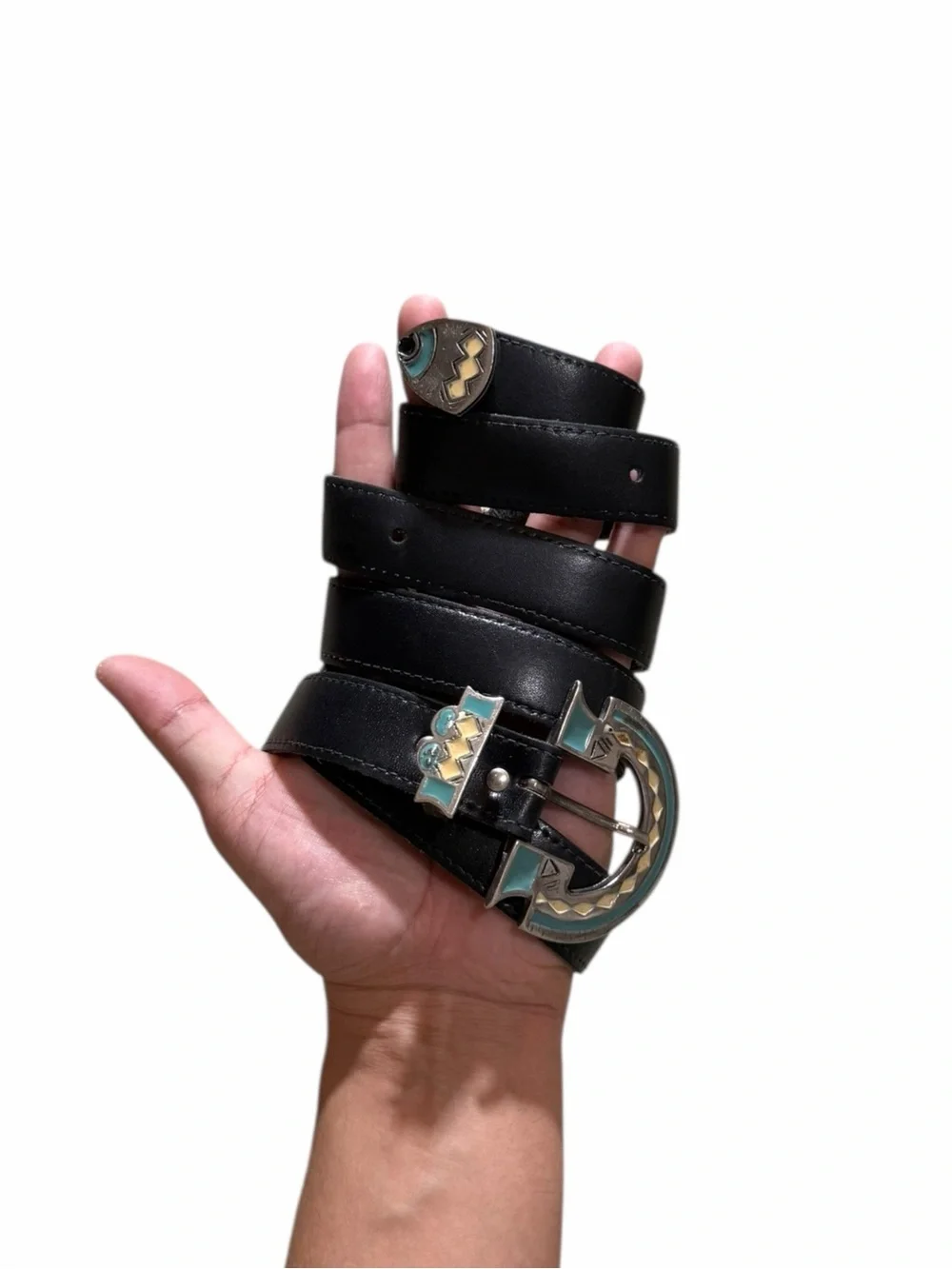 Vintage Real Silver/Turquoise Leather Western Belt